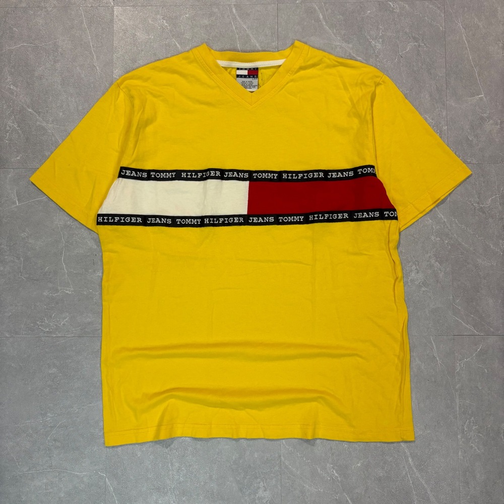 Tommy Jeans Mens V-Neck T-Shirt Yellow Flag Logo Stripe Vintage Style Large